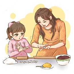 手绘冬至妈妈教女儿包汤圆场景元素