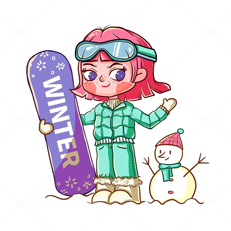 冬至小雪大雪滑雪女孩和雪人场景