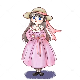 手绘可爱Q版人物长裙卡通女孩拍照元素