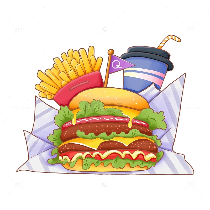 汉堡饮料薯条美食手绘卡通插画元素