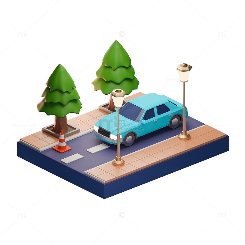 3D立体公路上的汽车卡通模型