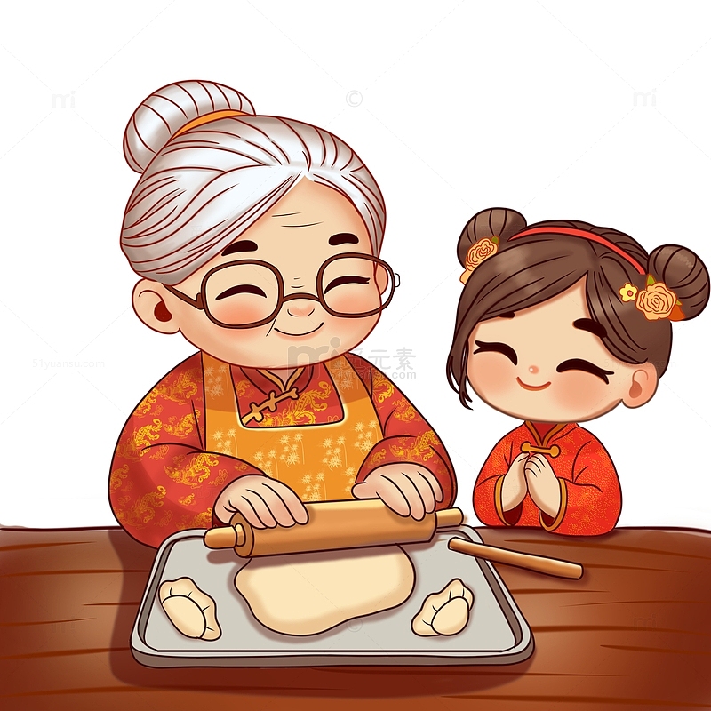 和奶奶包饺子人物手绘