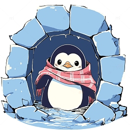 冬天冰洞里戴围巾的小企鹅简笔涂鸦