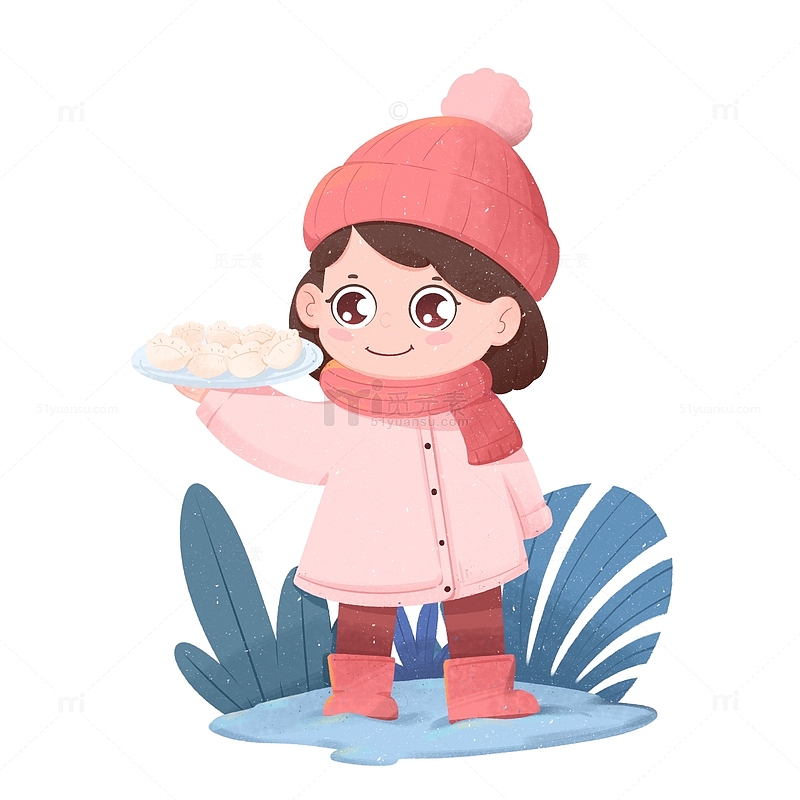 卡通手绘冬至节气女孩端着饺子元素