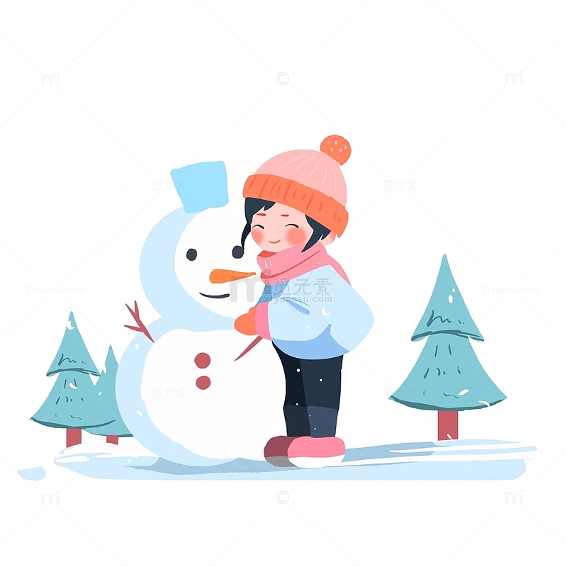 手绘可爱卡通女孩堆雪人冬天背景装饰元素