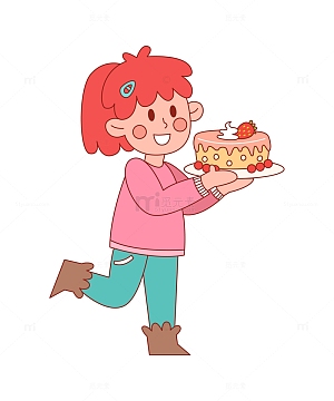 卡通线描端着蛋糕的小女孩