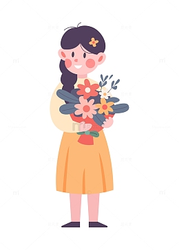 卡通简约抱着鲜花的小女孩