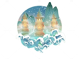 蓝绿色小雪国潮风小雪花和风景结合