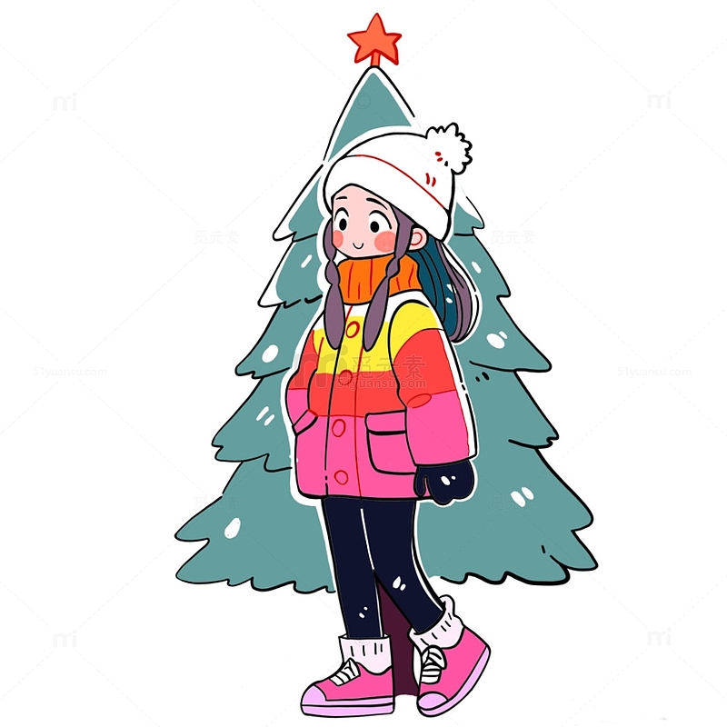 可爱少女与圣诞树简笔涂鸦