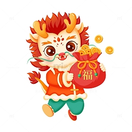 喜庆龙年开心手抱福袋金币新年祝福可爱卡通
