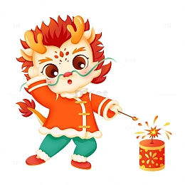 喜庆龙年春节可爱龙人燃放烟花爆竹卡通手绘