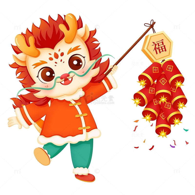 喜庆龙年春节鞭炮福运新年祝福可爱卡通手绘