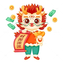 春节龙年元宝金币钞票财源滚滚祝福卡通手绘