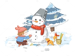 冬天堆雪人的小孩