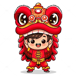 舞狮卡通女孩手绘素材