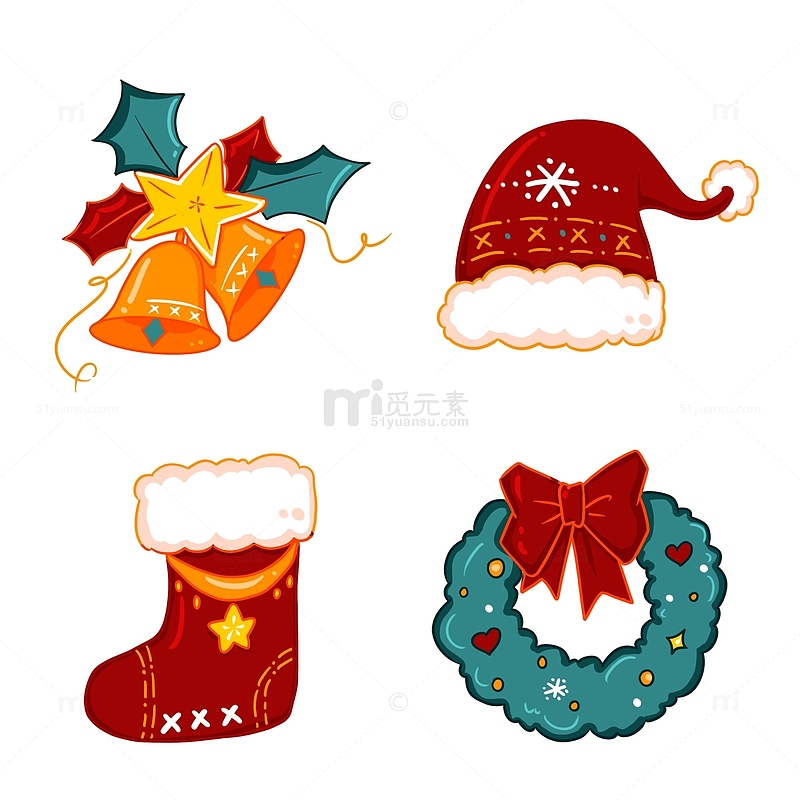 圣诞节装饰元素圣诞帽圣诞铃铛圣诞袜