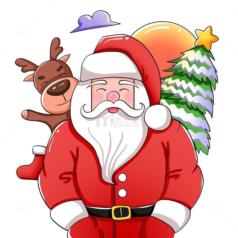圣诞节圣诞老人驯鹿圣诞树场景手绘插画元素