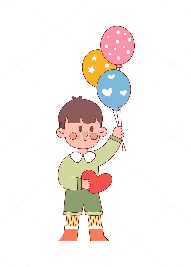 卡通线描拿着气球的小男孩