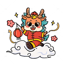 手提灯笼线描扁平风卡通龙