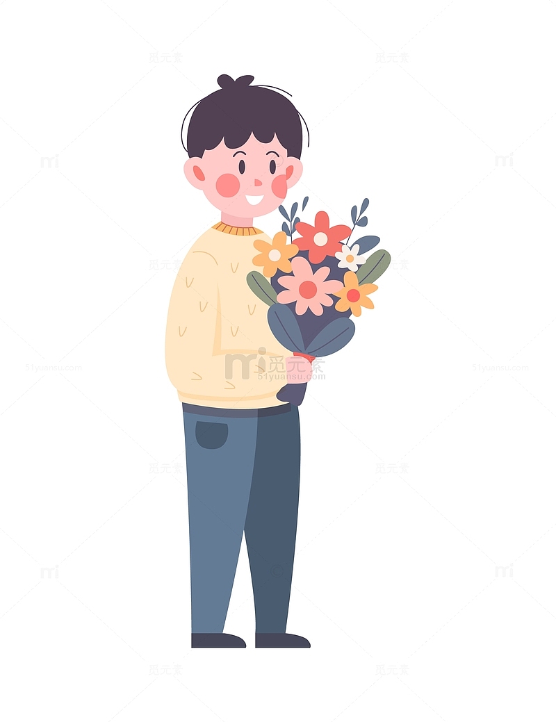 卡通简约抱着鲜花的小男孩