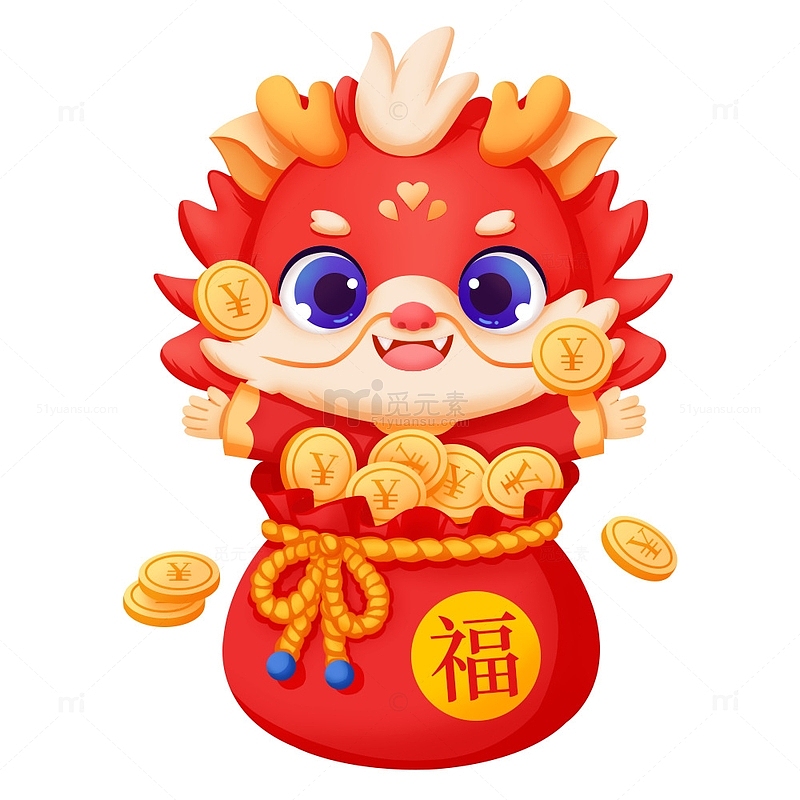 龙年春节喜庆福袋撒金币开心发财卡通龙人