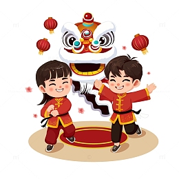 红色卡通风格2024春节舞狮子
