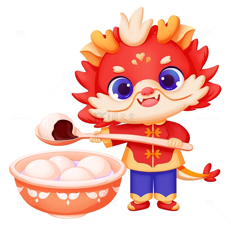 龙年红色喜庆一碗汤圆春节元宵食物可爱卡通