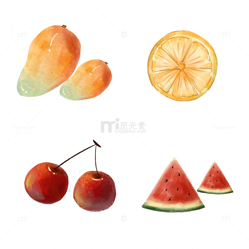 水果手绘芒果橙子樱桃西瓜手绘插画元素