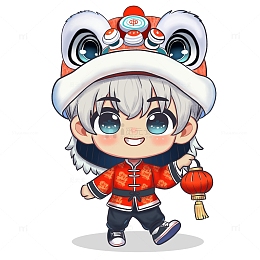 戴醒狮帽子的可爱小男孩手绘