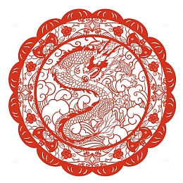 手绘新年红色龙年圆形剪纸窗花喜庆
