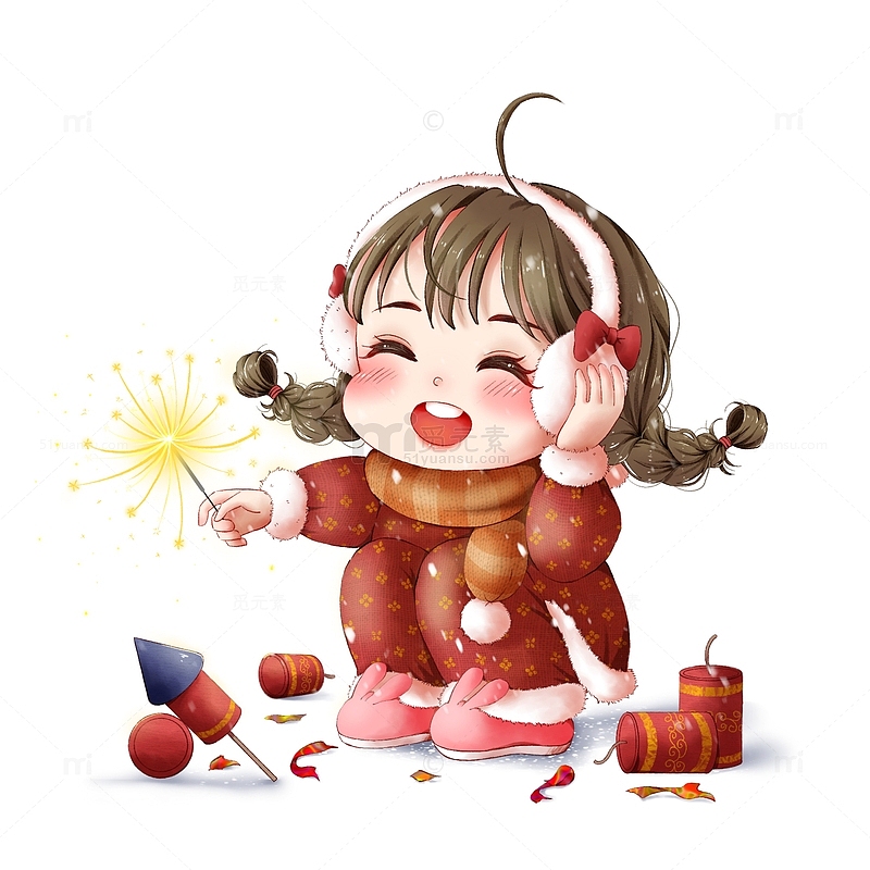 春节新年放烟花爆竹的小女孩