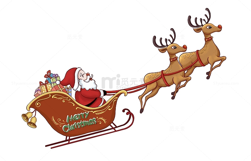 圣诞节圣诞老人坐雪橇车驯鹿送礼物