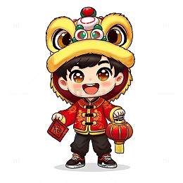 戴醒狮帽子的可爱小男孩