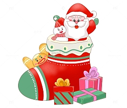 在圣诞袜里的快乐圣诞老人与雪人