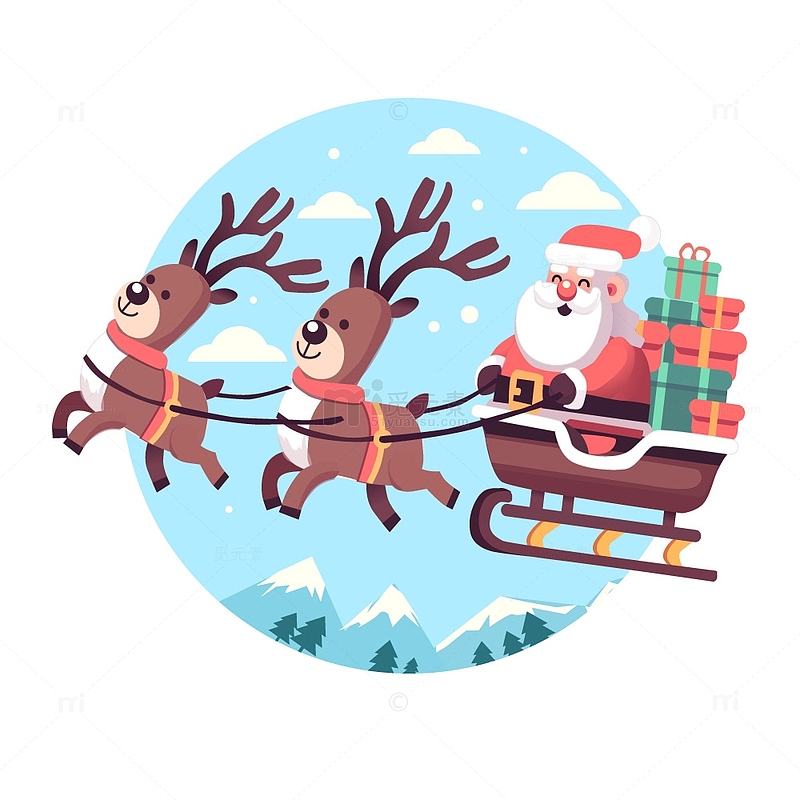 红色卡通风格圣诞老人坐雪橇