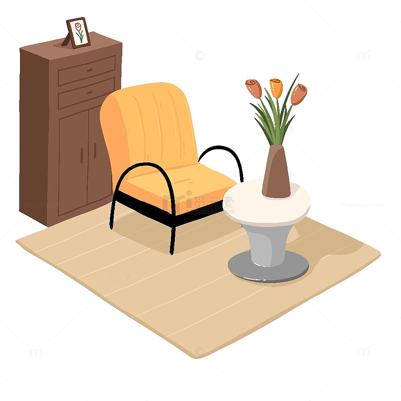 室内家具椅子花瓶柜子地毯手绘插画