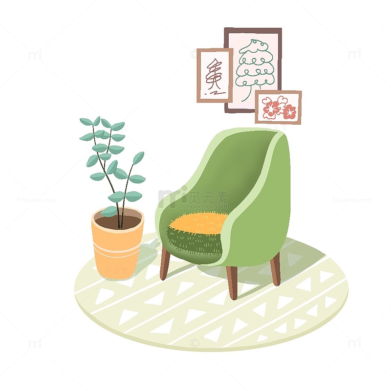 室内家具椅子盆栽挂画地毯手绘插画