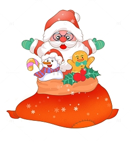 装进礼物袋的圣诞老人与他的朋友们