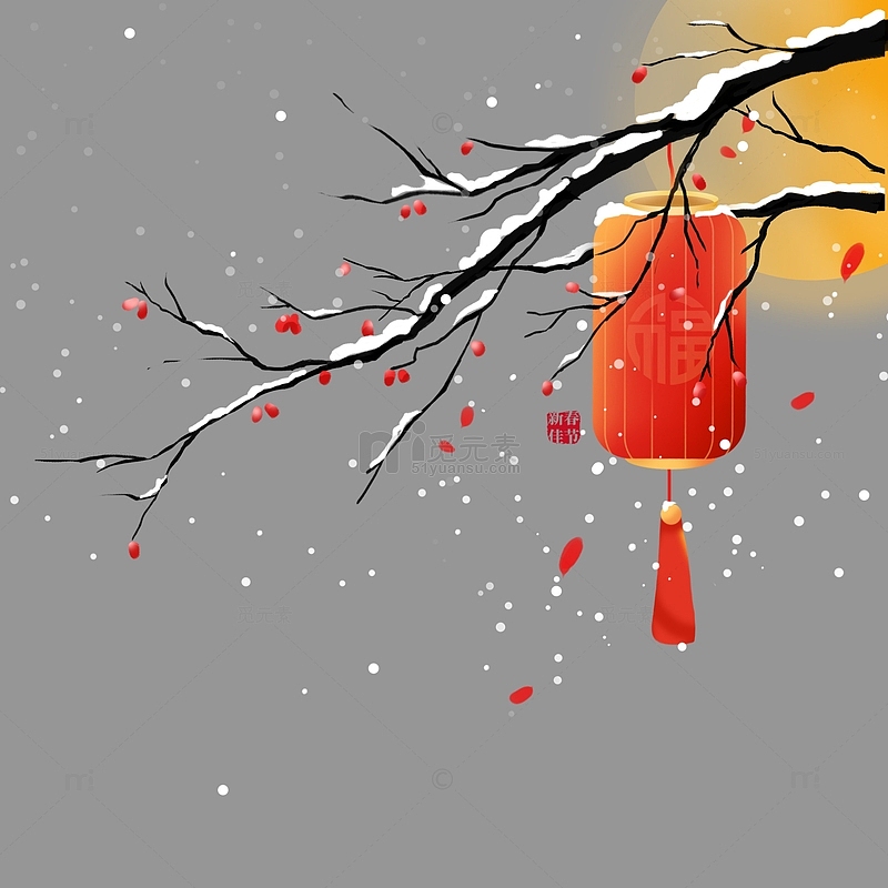 淡雅中国风红色灯笼冬季飘雪