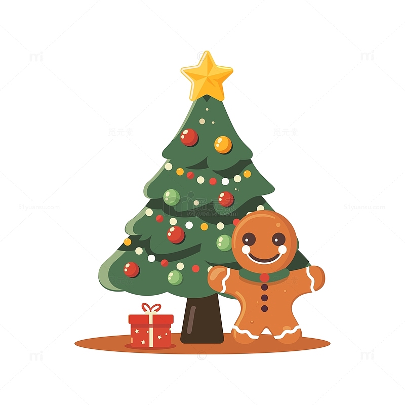 圣诞节圣诞树礼物和姜饼人手绘