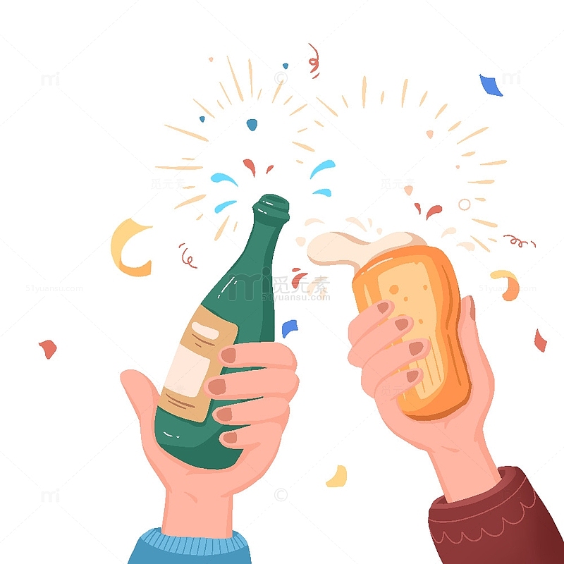 元旦新年庆祝干杯祝贺彩带香槟举杯啤酒手