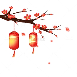 红色中国风国潮梅花灯笼装饰png元素边框