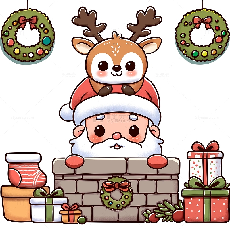 圣诞老人和可爱驯鹿卡通