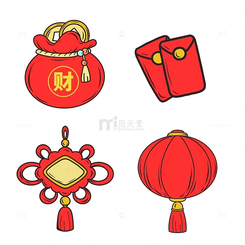 春节钱袋红包中国结灯笼插画元素