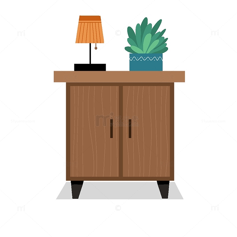 扁平化家具木质床头柜台灯盆栽