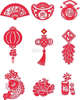剪纸春节新年元素鞭炮中国结福袋金元宝
