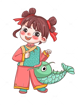 戏绿色锦鲤鱼的女孩