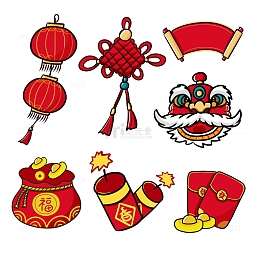 春节灯笼中国结元素手绘