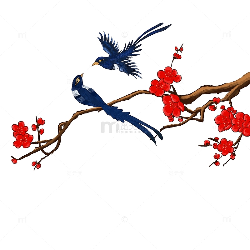 梅花喜鹊鸟蓝色红色手绘树枝