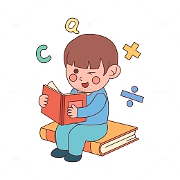 卡通线描坐着读书的小孩